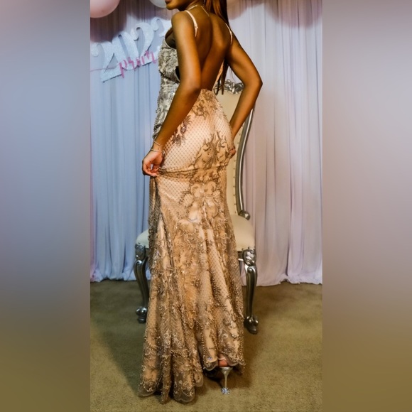 Embroidered dress with sequins beautiful unique classy elegant dress,Color Beige - Picture 4 of 4